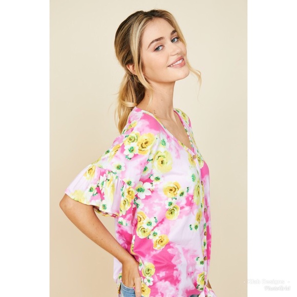 🛍LAST 1! Tie Dye & Floral Ruffle Self Tie Top! - Picture 2 of 4